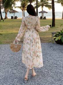 DAZY فستان متوسط الطول مزخرف بالزهور مع أكمام مربوطة للنساء، ملابس العودة إلى المدرسة، فستان طويل الأكمام للخريف، ملابس العطلات للنساء، عيد الفصح - بيج - مشاهدة 2