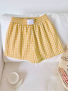 Comfortcana Shorts casuales de mujer con cuadros tejidos amarillos, de estilo minimalista, adecuados para uso diario - Amarillo - Ver 1