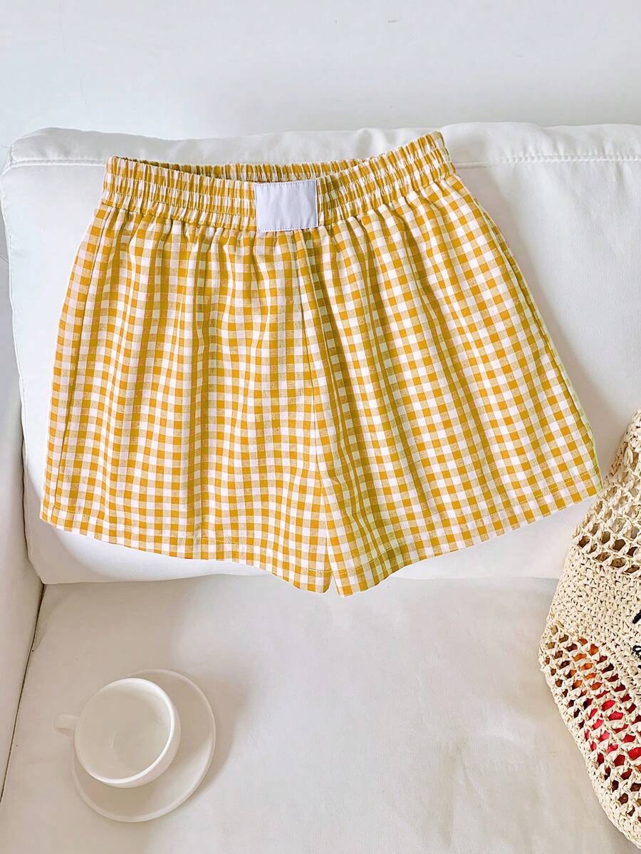 Comfortcana Shorts casuales de mujer con cuadros tejidos amarillos, de estilo minimalista, adecuados para uso diario - Amarillo - Ver 1