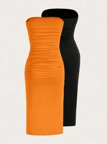 SHEIN EZwear 女士多色抹胸针织连衣裙，简约时尚的日常休闲装 - 橘色 - 查看 2