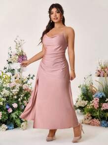Cravure 大码女式优雅细肩带开衩鱼尾连衣裙，正式晚会礼服 - 淺粉色 - 查看 5