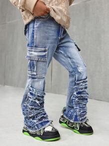 SHEIN Young Boy Fashionable Retro Design Distressed Vintage Washed Ripped Frayed Raw Edges Patchwork High Stretch Slim Fit Blue Jeans With Cargo Pocket,Leisure And Versatile For Kids Fall/Winter Outdoor Wear Clothes Outfits - Medium Wash - View 7