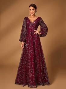 Serin Váy chữ A tay loe thêu lưới mỏng màu xanh navy lấp lánh sang trọng và thanh lịch, phù hợp làm váy dạ hội cho mẹ cô dâu, tiệc cưới, dịp trang trọng - Màu Đỏ Sâu - Xem 3