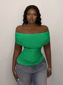 Slaydiva New Green Foldover Off Shoulder Fitted Blouse Top, Summer - Green - View 1