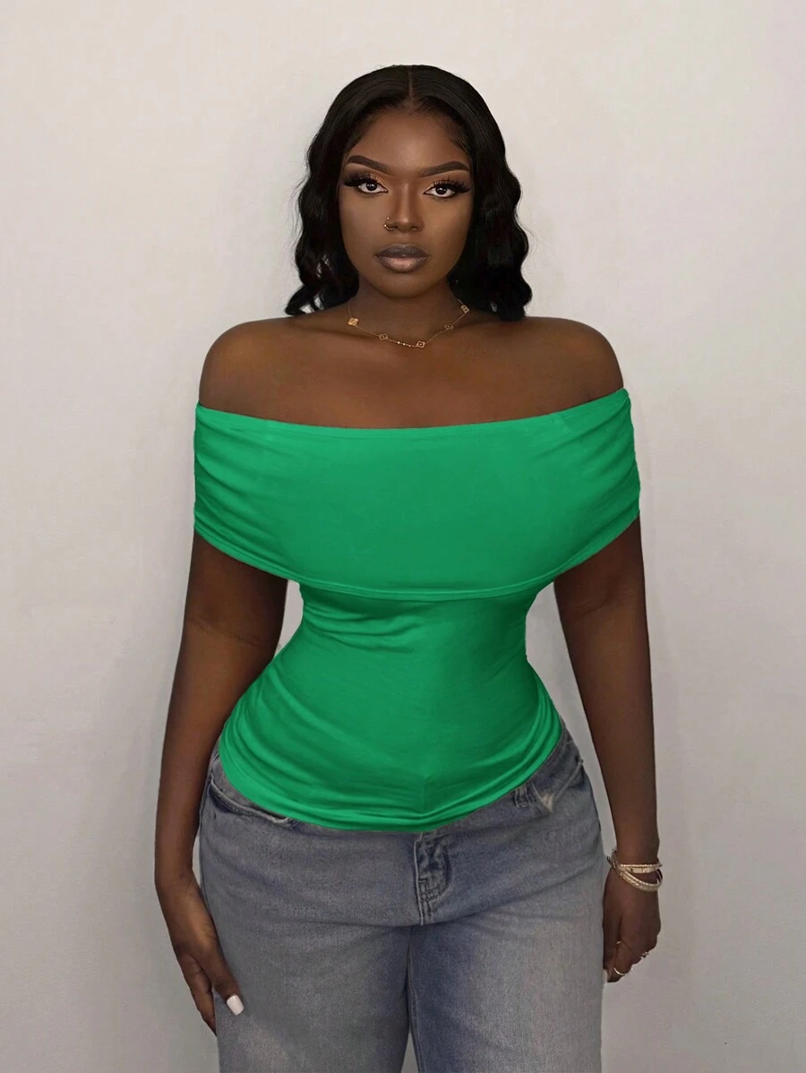 Slaydiva New Green Foldover Off Shoulder Fitted Blouse Top, Summer - Green - View 1
