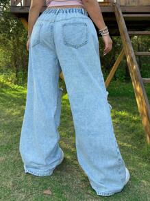 SHEIN MOD Pantalones vaqueros azules rectos y holgados de talla grande con efecto desgastado