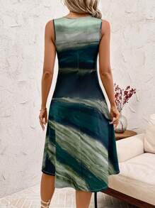 Ellevyn 女士优雅扎染条纹腰部褶饰中长款 A 字形无袖连衣裙 - 彩色 - 查看 3