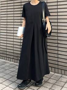 FRIFUL Women's Black Midi Dress, Round Neck Short Sleeve, Business Casual Summer Outfit