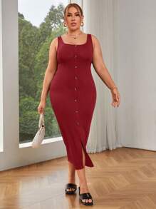 SHEIN Essnce Women Plus Size Square Neck Button Decor Front Slit Striped Textured Cami Dress, Black - Burgundy - View 3