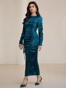 Graceveil Women's Elegant Modest Long Drawstring Waist Ruched Bodycon Dress - Dark Green - View 6