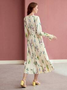 MOTF PREMIUM FLORAL PRINT PLEATED DRESS, LONG SLEEVES, ELEGANT STYLE,SPRING/SUMMER