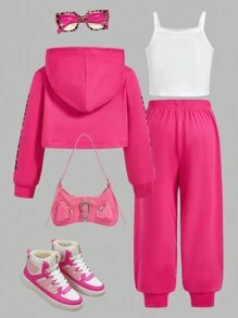 Conjunto de 3 piezas para niñas, blusa de manga larga rosa + top de tirantes + pantalones de chándal, atuendo para vacaciones y actividades al aire libre en verano