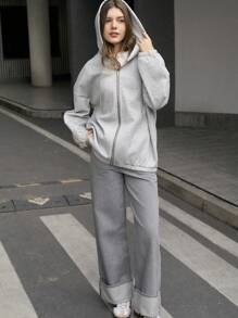Jouncy 女士休闲纯色抽绳连帽羊毛运动衫，秋冬 - 灰色 - 查看 2