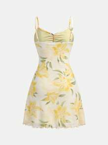 Girlism 少女黄色花卉印花优雅细肩带短裙，度假风格