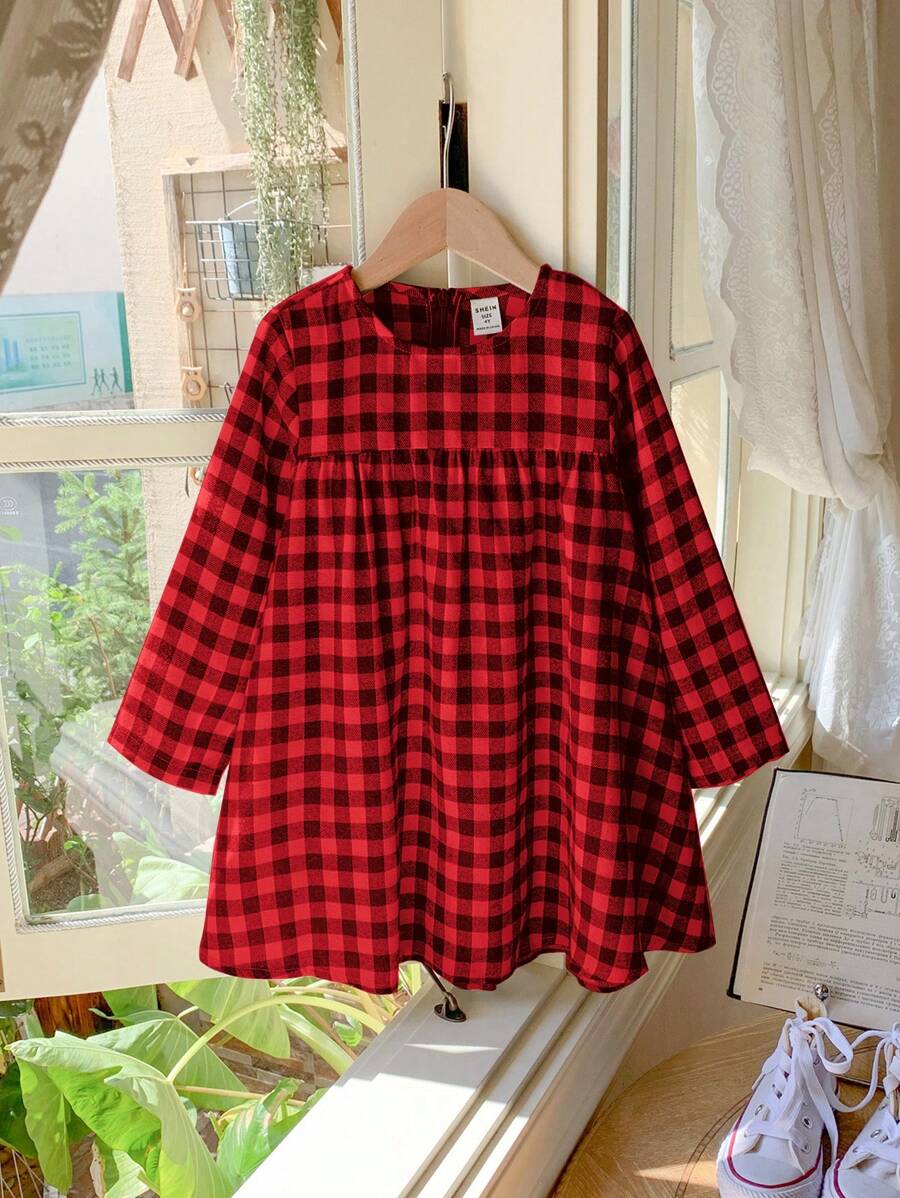 Blossori 年轻女孩优雅格子拼布梭织修身长袖连衣裙