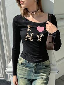 SHEIN EZwear Camiseta casual de mujer de cuello redondo, manga larga, con estampado de letras - Negro - Ver 4