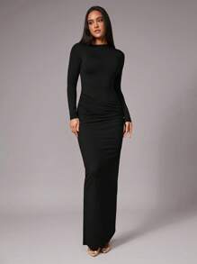 SHEIN BAE Autumn Winter Solid Coffee Brown Sexy Elegant Hollow Backless Tie Up Long Sleeve Form Fitting Ruched Fishtail Hem Dress, Suitable For Cocktail Party, Romantic Date, Layering Under Dress, Party, Formal Occasion, Night Out, Wedding Guest, Halloween, Christmas - Black - View 3