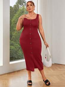 SHEIN Essnce Women Plus Size Square Neck Button Decor Front Slit Striped Textured Cami Dress, Black - Burgundy - View 5