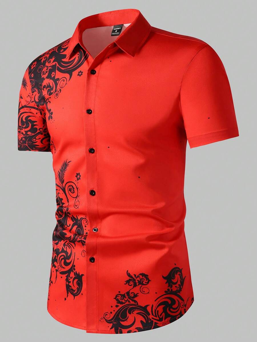 Manfinity AFTRDRK Men's Floral Print Single-Breasted Casual Short Sleeve Shirt (Random Floral Pattern) - Red - View 1