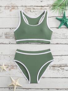 SHEIN Tween Girl Colorblock Trim Swimwear Set For Beach/Vacation Summer Holiday