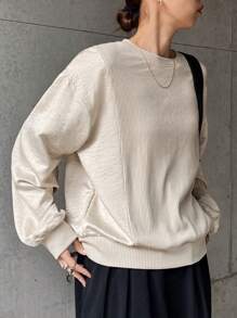 FRIFUL 女式卡其色宽松圆领拼布纹理 T 恤，春季