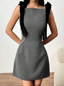 SHEIN EZwear Váy mini không tay màu trơn đơn giản cho nữ, đơn giản & thời trang cho cuộc sống hàng ngày - Màu xám đen - Xem 3