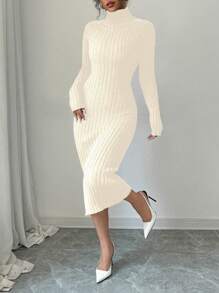SHEIN Unity High Neck Fitted Knit Sweater Dress, Casual Solid Color, Autumn/Winter - Apricot - View 5