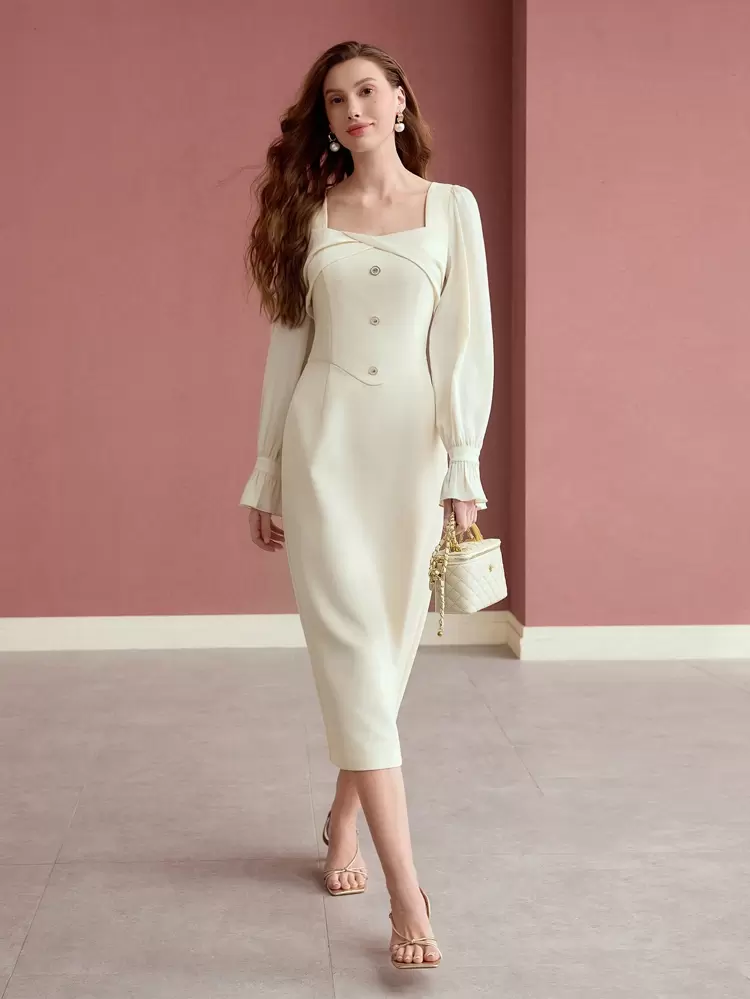 SATIN COMBO LONG SLEEVE BUTTON DECOR MIDI DRESS, SPRING DRESS