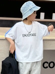 DAZY 青少年男孩字母印花条纹圆领落肩袖休闲 T 恤，返校服 - 白色 - 查看 7