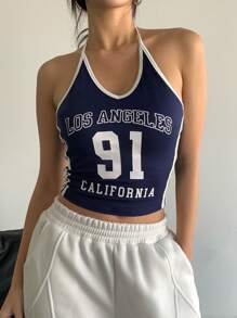 StreetHx 女士街头时尚休闲拼色洛杉矶图案 91 号细肩带背心 - 藏蓝色 - 查看 4