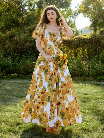 SHEIN MOD Robe avec motif de peinture de tournesols de Van Gogh, manches bouffantes, détails de nœud, convient pour rendez-vous, fête, vacances, thé de l'après-midi, anniversaire, Saint-Valentin, robes d'anniversaire pour femmes, robes de soirée pour femmes, tenues de plage pour femmes, robe de bal, robe dorée, robe d'été, robe de invitée de mariage, robe soleil