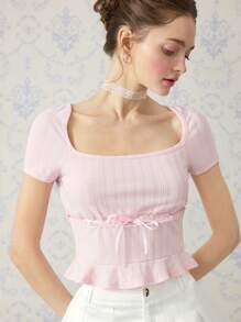 SHEIN MOD Pink Short-Sleeved Cute T-Shirt With Drawstring On The Front, Cute T-Shirt, Valentine's Day T-Shirt, Going Out T-Shirt, Summer T-Shirt