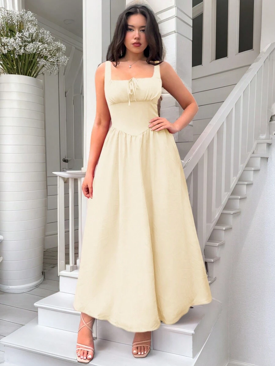 SHEIN Privé Women's Romantic Red Square Neck Long Dress - Apricot - View 1