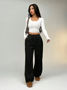 SHEIN Tall CURVE Plus Size Solid Color Front Tie Simple Thermal Lined Sports Casual Pants - Black - View 5
