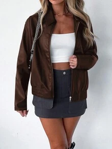 Women's Casual Black Zip-Up Loose Fit PU Jacket Coat, Autumn/Winter - Brown - View 4