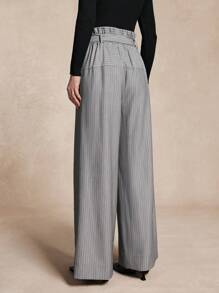 SHEIN Unity Women's Ruffled Waist Wide Leg Striped Tie Waist Pants Fall Cloth For Women - Grey - View 2