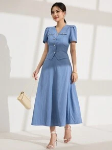 Modelyn 2pcs/Set Women Solid Color Single-Breasted Short Puff Sleeve Blouse & A-Line Skirt Set - Blue - View 7