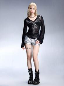 ROMWE Grunge Punk Y2K Sexy Metallic Skeleton Wing Print Women Fitted Waist Sheer Mesh Base Layer T-Shirt - Black - View 4