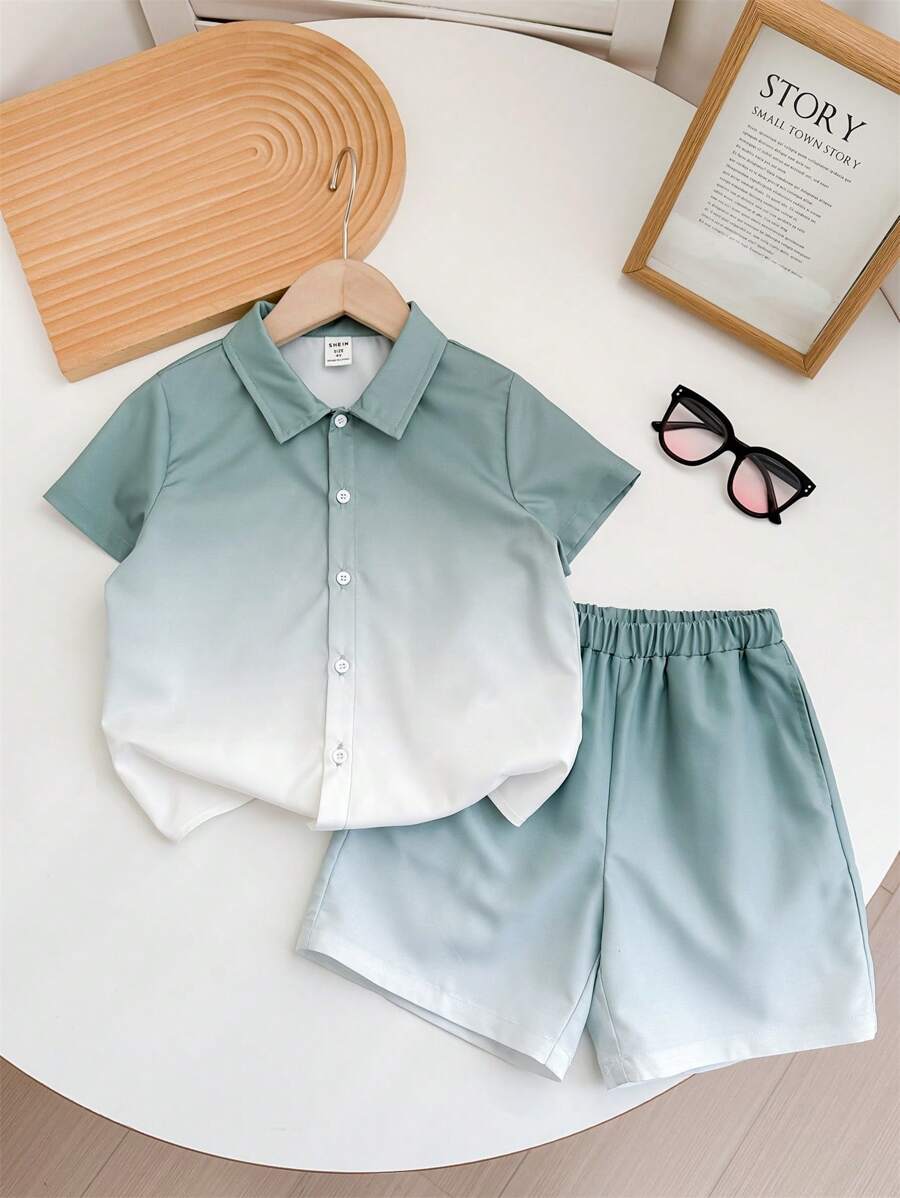 SHEIN Leap Crew 2pcs/Set Young Boy Gradient Short Sleeve T-Shirt And Shorts Set - Mint Green - View 1