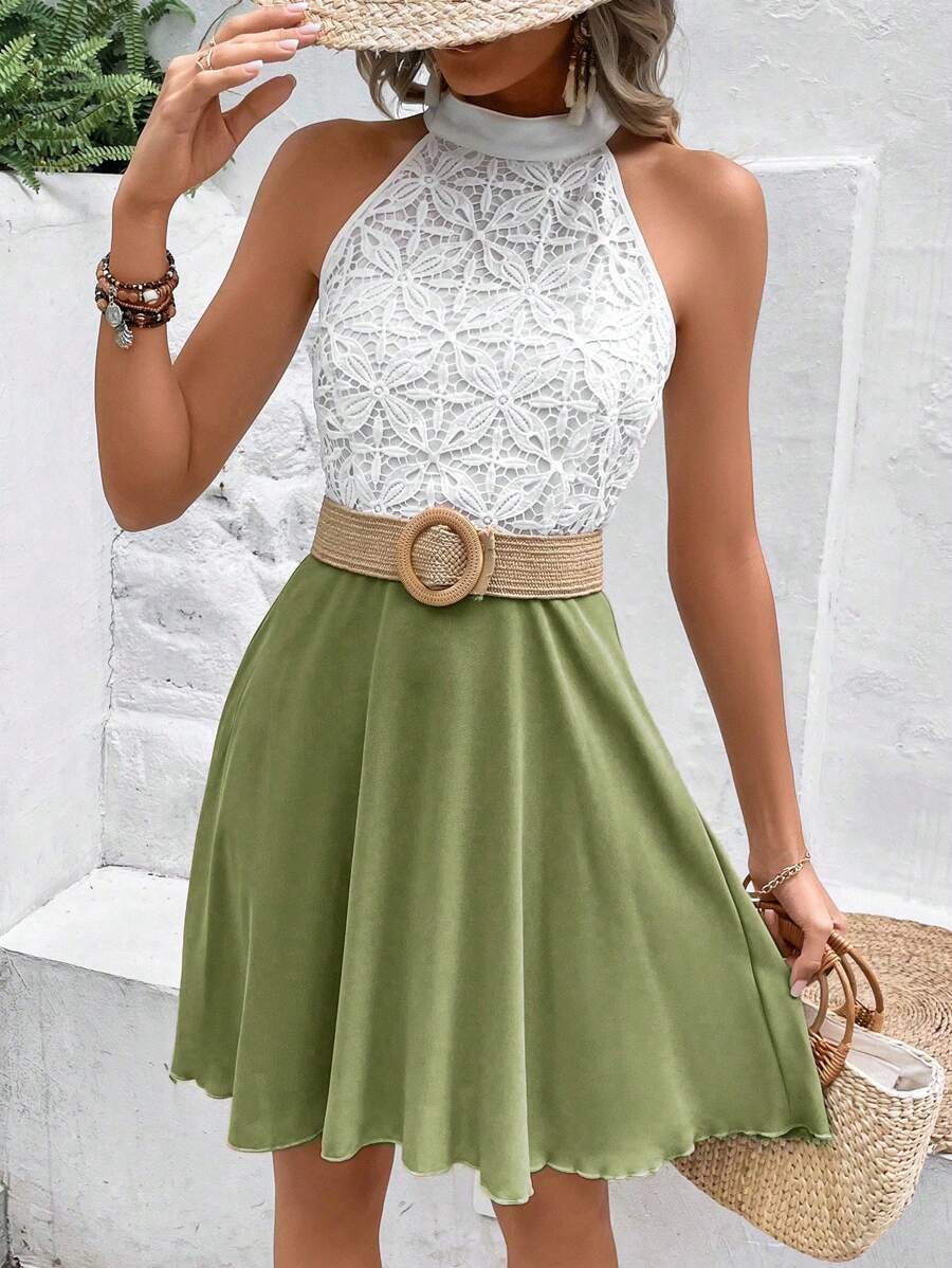 Breezaya Vestido de cuello halter con encaje de contraste sin cinturón, atuendo de vacaciones playeras para mujeres - Verde - Ver 1