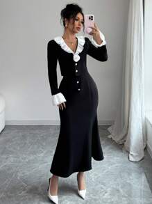 SHEIN Unity 2pcs/Set Women Contrast Color Ruffle Hem Top And Fish Tail Skirt Outfit - Black and White - View 3