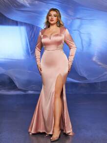 Glamrae Plus Size Elegant,Formal,Evening,Prom,Dusty Pink,Spring Minimalist Stretchy Pique Hollow Out Embellished High Slit Luxurious Wedding Guest Gown Dress - Dusty Pink - View 6