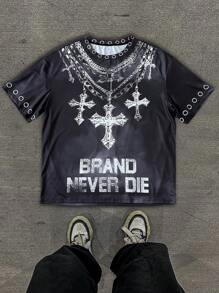 Manfinity EMRG Collar de cruz de hombre y camiseta gráfica de manga corta con estampado de letras