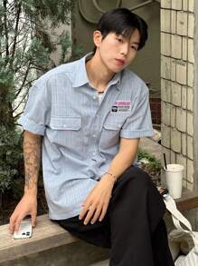 DAZY Men's Blue & White Striped Label Short Sleeve Shirt, Summer