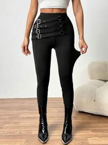 Chiquease 时尚高腰金属装饰扣紧身女式紧身裤，随机花卉图案 - 黑色 - 查看 3