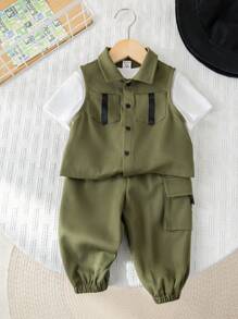 SHEIN 3pcs Baby Kids Letter Print Knit Soft Round Neck Tee Shirt, Elastic Waist Pants And Sleeveless Vest Set