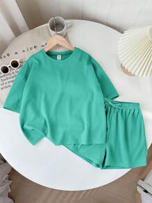 SHEIN LMoss Kids LMoss Tween 女童纯色针织圆领宽松短袖 T 恤和短裤休闲装 - 薄荷藍 - 查看 3