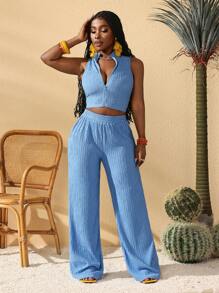 Slaydiva Women Spring/Summer Music Festival, Easter, Nashville, Birthday Party, Graduation, Student, Daily Casual, All-Match Versatile, Casual, Vacation, Cruise Travel, Beach, Sunbathing, Minimalist Casual, Sports, Front Zipper, Textured Fabric, Suit Set,2 Pieces Summer OutfitSummer Outfits For Women - Blue - View 6