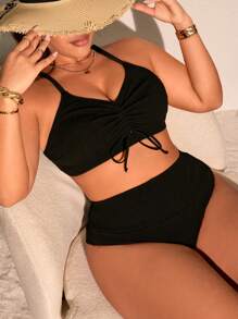 SHEIN Swim Curve Plus Size Solid Color Drawstring Round Neck Casual Women Swimwear Set For Summer Beach Vacation - Black - View 1