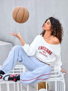 Gameset SHEIN Sport 休闲宽松字母印花不对称领口短款卫衣 - 白色 - 查看 3
